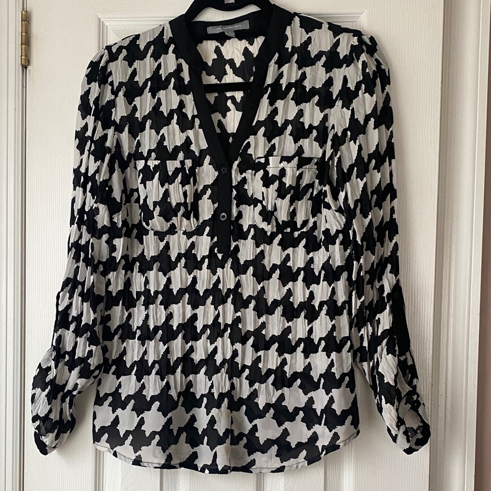 NY Collection Black and White Houndstooth Blouse